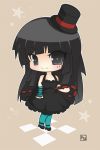  1girl akiyama_mio aqua_legwear black_eyes black_hair brown_background cane chibi don&#039;t_say_&quot;lazy&quot; dress fingerless_gloves gloves hat hime_cut hyun_(baka-art) hyunit_(aho-art) k-on! long_hair looking_at_viewer pantyhose smile solo top_hat 