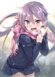  &gt;:o 1girl :o akebono_(kantai_collection) bell blush eretto eretto_(style) flower hair_bell hair_flower hair_ornament jingle_bell kantai_collection long_hair looking_at_viewer purple_hair scarf side_ponytail skirt solo sweater very_long_hair violet_eyes 
