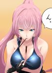  1girl bare_shoulders between_breasts black_gloves blue_eyes breasts cleavage collarbone endou_(zettai_bluenoid) fingerless_gloves food gloves highres large_breasts long_hair megurine_luka mouth_hold pink_hair pocky ponytail simple_background solo taut_clothes unzipping vocaloid zipper 