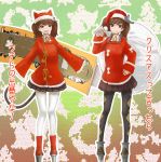  &gt;:) 2girls animal_hat bell blush brown_eyes brown_hair cat_hat cat_tail commentary_request full_body gift_bag hand_on_hip hat highres japanese_clothes kantai_collection kariginu long_sleeves mosaic_background multiple_girls nito_(nshtntr) open_mouth pantyhose plaid plaid_legwear pleated_skirt remodel_(kantai_collection) ryuujou_(kantai_collection) santa_hat scroll skirt standing tail translation_request twintails white_legwear 
