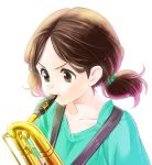  1girl baritone_saxophone brown_eyes brown_hair hibike!_euphonium instrument music ogasawara_haruka playing_instrument saxophone shirt simple_background solo sweat sweating sweating_profusely t-shirt tuqi_pix twintails white_background 