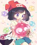  1girl :o bag bangs beanie black_hair eyebrows_visible_through_hair female_protagonist_(pokemon_sm) floral_print green_shorts handbag hat minior minior_(shields_down) no_nose open_mouth parted_bangs pink_background poke_ball_theme pokemon pokemon_(creature) pokemon_(game) pokemon_sm polka_dot polka_dot_background red_hat see-through shirt short_hair short_sleeves shorts smile tied_shirt violet_eyes xxbufsiz yellow_shirt 