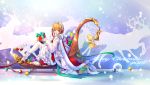  1girl 2016 :d \||/ ankle_boots ball bangs blonde_hair blurry boots bow box cane cape card_captor_sakura christmas christmas_ornaments dress english eyebrows_visible_through_hair flying from_side gift gift_box green_eyes green_ribbon hairband high_heel_boots high_heels highres holding kero kingchenxi kinomoto_sakura knees_up leg_up long_sleeves looking_at_viewer merry_christmas open_mouth puffy_long_sleeves puffy_sleeves red_bow red_cape red_ribbon reindeer ribbon sack short_hair silhouette sitting sleigh smile snow_globe snowing star tower white_boots white_bow white_dress white_legwear 