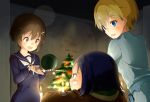  3girls ame. bandaid bandaid_on_face black_hair blonde_hair blue_eyes blurry blush bokeh brave_witches brown_eyes brown_hair christmas christmas_tree commentary depth_of_field frown gift hair_ornament hairclip hand_up indoors kanno_naoe karibuchi_hikari looking_at_another looking_down looking_to_the_side multiple_girls night nikka_edvardine_katajainen open_mouth serious short_hair smile sweatdrop toy world_witches_series 