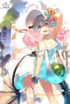  1girl ahoge artist_name bare_shoulders blue_eyes blue_sky breasts building cleavage clouds cloudy_sky dress food frilled_dress frills fruit garakuta_omocha hair_ornament hand_on_own_knee hat holding holding_hat large_breasts leaning_forward long_dress looking_at_viewer moa_(show_by_rock!!) outdoors pink_hair railing show_by_rock!! signature sky smile solo stairs standing star star_hair_ornament sun_hat watermelon white_dress wind wind_lift 