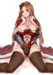  1girl bell bow bracer breasts brown_gloves brown_hair brown_legwear cape catalina_(granblue_fantasy) christmas cleavage closed_mouth collarbone covering covering_crotch cross-laced_clothes fur-trimmed_cape fur_trim gloves gluteal_fold granblue_fantasy groin hair_bell hair_ornament hand_on_breast highres large_breasts long_hair looking_at_viewer pak_ce red_bow red_cape red_eyes red_leotard santa_costume shiny shiny_hair sitting solo vambraces wavy_mouth white_background 