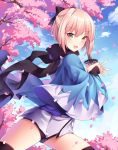  1girl :d absurdres ahoge blonde_hair blush cherry_blossoms fate/grand_order fate_(series) green_eyes highres japanese_clothes katana kimono may_(2747513627) open_mouth ponytail sakura_saber short_kimono smile solo sword thigh-highs thighs weapon 