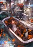 1girl bangs bathtub beanie bird black_legwear boots brown_eyes brown_hair copyright_request fish floating gradient_hair hat highres holding holding_knife jacket knife lm7_(op-center) long_sleeves looking_at_viewer multicolored_hair pantyhose penguin radio rubber_duck solo washing_machine water 