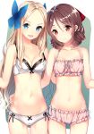  2girls asakaze_(kantai_collection) bloomers blue_eyes blush bow bra breasts brown_hair cleavage drill_hair female gin00 hair_bow harukaze_(kantai_collection) highres kantai_collection long_hair looking_at_viewer multiple_girls navel open_mouth panties red_eyes short_hair smile twin_drills underwear underwear_only 