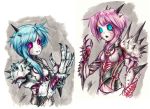  black_sclera blue_eyes blue_hair carapace choujigen_game_neptune claws corruption demon_girl isaki_tanaka looking_at_viewer neptune_(series) pink_eyes pink_hair ram_(choujigen_game_neptune) rom_(choujigen_game_neptune) sharp_teeth shoulder_pads shoulder_spikes siblings spikes teeth traditional_media twins veins white_sister_ram white_sister_rom 
