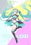  1girl :d absurdly_long_hair absurdres aqua_eyes aqua_hair black_gloves black_necktie boots copyright_name detached_sleeves fang floating_hair full_body gloves gradient_hair green_hair hair_between_eyes hatsune_miku headphones headset highres knee_boots leg_up long_hair looking_at_viewer multicolored_background multicolored_hair navel necktie open_mouth smile solo thigh_gap triangle twintails very_long_hair vocaloid zhuxiao517 