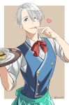  1boy 92_(artist) ;p apron blue_eyes bow bowtie finger_licking hair_over_one_eye heart highres licking male_focus one_eye_closed silver_hair tongue tongue_out tray viktor_nikiforov waistcoat waiter yuri!!!_on_ice 