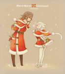  ! 1boy 1girl 2016 animal_ears arms_behind_back bangs belt belt_buckle black_dress blue_eyes blush boots box braid brown_background brown_boots brown_hair buckle capelet cat_ears cat_tail christmas closed_mouth dress english facial_mark final_fantasy final_fantasy_xiv from_side full_body fur_trim gift gift_box hat hiding holding holding_gift hood hood_down leaning_forward legs_apart long_hair long_sleeves looking_at_another merry_christmas miqo&#039;te pantyhose pom_pom_(clothes) profile ren-co robe santa_costume santa_hat shoes short_dress signature smile snowing sparkle standing stuffed_toy tail twin_braids white_hair white_legwear white_shoes 