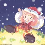  &gt;_&lt; 1girl :d bell chibi christmas_tree closed_eyes commentary_request fang grin hair_ornament hair_ribbon hairclip hat kantai_collection momoniku_(taretare-13) one_eye_closed open_mouth remodel_(kantai_collection) ribbon santa_hat sleigh smile snowing the_yuudachi-like_creature torpedo twitter_username watermark web_address yuudachi_(kantai_collection) |_| 