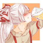  1girl alcohol bangs beer blunt_bangs blush colored_eyelashes drinking fujiwara_no_mokou hair_ribbon high_ponytail hime_cut long_hair mokoiscat orange_background profile ribbon simple_background solo sweat touhou upper_body white_hair 