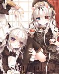  3girls alice_claudia animal_ears black_legwear garter_straps gothic_lolita heterochromia lolita_fashion long_hair maid multiple_girls original puffy_sleeves rolo_noir sample thigh-highs tsukikage_nemu white_hair 