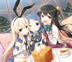  3girls :&lt; :d black_hair blonde_hair blue_hair blush brown_eyes butter_knife cup fang food fork girl_sandwich hair_ribbon kantai_collection long_hair looking_at_viewer multicolored_hair multiple_girls naganami_(kantai_collection) one_eye_closed open_mouth pink_hair ribbon sailor_collar samidare_(kantai_collection) sandwiched school_uniform serafuku shimakaze_(kantai_collection) shirt sleeveless sleeveless_shirt smile spoon teacup toast triangle_mouth yellow_eyes yume_no_owari 