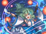  1girl armpits blue_background blue_eyes blue_skirt bridal_gauntlets collared_shirt danmaku detached_sleeves frilled_skirt frills frog_hair_ornament gohei green_hair hair_ornament highres kochiya_sanae long_hair open_mouth outstretched_arms shaded_face shirt skirt smile snake_hair_ornament solo tassel touhou upper_body white_shirt wide_sleeves yai_(hachihito) 