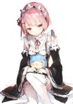  1girl bangs black_ribbon blush breasts character_doll collar detached_collar detached_sleeves eyebrows_visible_through_hair frilled_collar frilled_legwear frilled_sleeves frills half-closed_eyes highres holding looking_down maid maid_headdress niito pink_hair ram_(re:zero) re:zero_kara_hajimeru_isekai_seikatsu red_eyes rem_(re:zero) ribbon simple_background sketch small_breasts solo thigh-highs white_background white_legwear 