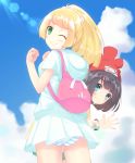  2girls ;) absurdres artist_request ass bag bangs beanie black_hair blonde_hair blue_eyes blue_sky blunt_bangs blush clouds cloudy_sky eyebrows_visible_through_hair female_protagonist_(pokemon_sm) green_eyes hat highres hood legs lillie_(pokemon) looking_at_viewer looking_back miniskirt multiple_girls one_eye_closed panties pokemon pokemon_(game) pokemon_sm ponytail red_hat school_uniform shirt short_hair short_sleeves skirt sky smile striped striped_panties sunlight underwear waving winking z-ring 