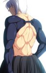  1boy absurdres ahoge alternate_costume amazon_(taitaitaira) back_turned closed_mouth from_behind frown highres japanese_clothes male_focus manly mannosuke morichika_rinnosuke muscle scar shaded_face shirtless solo touhou upper_body white_hair 