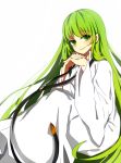  1boy 1girl androgynous enkidu_(fate/strange_fake) fate/grand_order fate_(series) green_eyes green_hair long_hair looking_at_viewer smile solo solo_focus white_background 