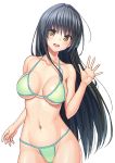  1girl :d arm_at_side bangs bare_arms bare_shoulders bikini blush breasts cleavage collarbone eyebrows_visible_through_hair fuchi_(touo) green_bikini groin head_tilt kotegawa_yui long_hair looking_at_viewer medium_breasts navel open_mouth palms smile solo stomach strap_gap swimsuit to_love-ru very_long_hair waving yellow_eyes 