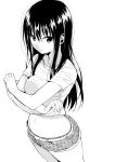  1girl attsun_(atsushi_jb) black_hair breasts commentary_request greyscale hair_between_eyes highres long_hair looking_at_viewer medium_breasts monochrome navel original shirt_lift short_sleeves shorts solo undressing 