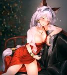  alcohol animal_ears bare_shoulders blush bracelet braid breasts cat_ears cleavage closed_eyes couch cup dress drinking_glass drunk erun_(granblue_fantasy) granblue_fantasy hairband heles jewelry large_breasts long_hair necklace neo-masterpeacer red_dress ring silver_hair single_braid sitting wine wine_glass 