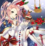  1girl 2016 animal_ears bell blonde_hair boots bow box cross-laced_footwear dated dessert flower food fork fur-trimmed_sleeves fur_trim gift gift_box green_eyes kether leaf long_hair long_sleeves merry_christmas original pink_rose rabbit_ears red_bow red_flower rose shirt sidelocks sitting skirt smile snowflakes solo twintails two_side_up white_boots white_shirt white_skirt 