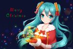  1girl ango aqua_eyes aqua_hair christmas_tree hatsune_miku highres long_hair merry_christmas santa_costume smile solo twintails vocaloid 