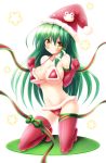  1girl bare_shoulders bikini bow breasts christmas elbow_gloves eyebrows_visible_through_hair gloves green_hair hair_ornament hat highres kneeling kochiya_sanae large_breasts long_hair looking_at_viewer navel osashin_(osada) red_bikini red_gloves red_legwear ribbon santa_hat snake_hair_ornament solo star swimsuit thigh-highs touhou yellow_eyes 