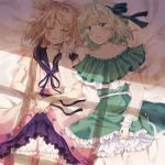  2girls :d bed_sheet black_bow blonde_hair bloomers blush bow bracelet closed_eyes colored_eyelashes cowboy_shot dress embellished_costume eyebrows_visible_through_hair frilled_shirt_collar frills green_dress green_eyes green_hair hair_bow hair_flaps hand_in_another&#039;s_hair headphones headphones_around_neck indoors jewelry layered_dress long_sleeves lying messy_hair multiple_girls on_back on_bed open_mouth own_hands_together parted_lips purple_skirt retota see-through short_hair skirt sleeping smile soga_no_tojiko sunlight teeth touhou toyosatomimi_no_miko underwear wristband yuri 