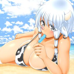  1girl animal_ears animal_print beach bikini blue_sky blush breasts cleavage clouds cow_ears cow_girl cow_horns cow_print dark_skin eating food grey_eyes horns huge_breasts jewelry lying melting ocean on_side original popsicle sand shadow sidelocks single_earring sky solo swimsuit todoshiroo white_hair 