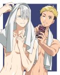  2boys 92_(artist) blonde_hair blue_eyes brown_hair cellphone christophe_giacometti facial_hair green_eyes highres male_focus multicolored_hair multiple_boys one_eye_closed phone silver_hair smartphone smile towel towel_around_neck towel_on_head two-tone_hair viktor_nikiforov yuri!!!_on_ice 