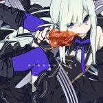  1girl bare_shoulders black_nails blue_eyes blue_hair blue_legwear boots detached_sleeves eating food highres long_hair looking_at_viewer matching_hair/eyes meat nail_polish original solo teeth thigh-highs yamada_kei 