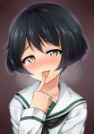  1girl :p bangs black_background black_eyes black_hair blouse blush finger_licking girls_und_panzer heart heart-shaped_pupils kuragari licking long_sleeves looking_at_viewer neckerchief portrait school_uniform serafuku short_hair solo standing sweat symbol-shaped_pupils tongue tongue_out utsugi_yuuki white_blouse 