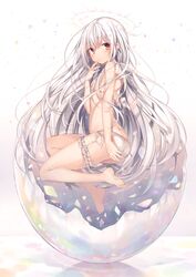  1girl albino angel angel_wings ass bangs bare_legs barefoot bikini blush breasts butt_crack eggshell eyebrows_visible_through_hair feathered_wings finger_to_cheek floating floating_hair frills from_side full_body hair_between_eyes halo halter_top halterneck hand_up heart highres knees_up komeshiro_kasu legs long_hair looking_at_viewer midriff mini_wings original red_eyes revision side-tie_bikini silver_hair small_breasts soles solo swimsuit thigh_strap thighs very_long_hair white white_bikini white_hair wings 