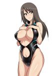  1girl bangs black_swimsuit breasts brown_eyes brown_hair closed_mouth cowboy_shot cutout girls_und_panzer hands_on_own_chest koujun_(mugenzero) large_breasts light_smile long_hair looking_at_viewer mika_(girls_und_panzer) navel no_hat no_headwear one-piece_swimsuit simple_background solo standing swimsuit white_background 