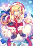  1girl :d animal_ears ankle_boots black_legwear blonde_hair blue_eyes boots box breasts candy candy_cane cat_ears cat_tail christmas cleavage cookie dress elbow_gloves food garter_straps gift gift_box gloves holding long_hair looking_at_viewer open_mouth original red_dress red_gloves riv sitting smile solo spaghetti_strap tail thigh-highs twintails zettai_ryouiki 