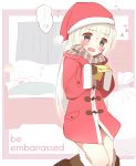  !? 1girl bed blush boots check_translation christmas coat embarrassed flying_sweatdrops fur_trim genderswap genderswap_(mtf) gloves grey_eyes hat highres holding_paper long_hair non_(wednesday-classic) open_mouth original oversized_clothes paper sack santa_claus santa_costume santa_hat scarf sleeping sleeves_past_wrists solo speech_bubble sweatdrop text translation_request white_hair zzz 