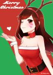  1girl artist_name bare_shoulders bell bell_collar belt breasts brown_hair christmas cleavage collar collarbone d.va_(overwatch) fake_antlers heart highres medium_breasts one_eye_closed open_mouth overwatch shrimpcake solo whisker_markings wrist_cuffs 