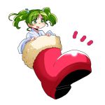  1girl boots green_eyes green_hair hair_bobbles hair_ornament japanese_clothes kisume open_mouth red_boots santa_boots shinapuu simple_background single_boot smile solo touhou twintails two_side_up white_background wide_sleeves 