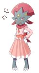  =3 blush bow drawfag dress fang hair_ornament hands_on_hips jalm no_humans open_mouth pink_bow pink_dress pokemon pokemon_(creature) red_eyes solo standing weavile white_background 