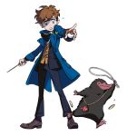  1boy blue_coat blue_eyes boots bow bowtie coat coin fantastic_beasts_and_where_to_find_them freckles holding holding_poke_ball jewelry male_focus necklace newt_scamander niffler open_mouth parody pearl_necklace pointing poke_ball pokemon rem_(artist) simple_background style_parody wand white_background 