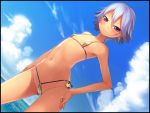  1girl bikini black_border blush border clouds contrapposto cowboy_shot dutch_angle flat_chest frown gluteal_fold hand_on_hip highres looking_at_viewer micro_bikini navel ocean original sai_(abyss05) short_hair side-tie_bikini silver_hair sky solo star swimsuit violet_eyes 