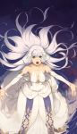  1girl :o artist_request bare_shoulders breasts bridal_gauntlets character_request cleavage cropped detached_sleeves dress fingerless_gloves from_above gloves green_eyes hair_ornament highres long_hair medium_breasts outstretched_arms outstretched_hand ripples silver_hair solo very_long_hair water white_dress white_gloves 