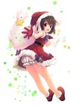  1girl :d alternate_costume animal_ears black_hair bloomers blush bow bowtie clover dress eyebrows_visible_through_hair four-leaf_clover from_side full_body fur_trim gloves hair_between_eyes hat inaba_tewi looking_at_viewer looking_to_the_side nnyara open_mouth purple_bow purple_bowtie rabbit rabbit_ears red_dress red_eyes red_gloves red_shoes sack santa_costume santa_hat shoes short_dress short_hair sleeveless sleeveless_dress smile solo star touhou underwear 
