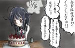  1girl ahoge birthday_cake blue_hair cake crying cup dated drinking_glass food fruit kantai_collection looking_down necktie ooguchiboya red_necktie sad sitting solo strawberry strawberry_shortcake taigei_(kantai_collection) water 