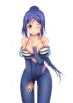  1girl bikini blue_hair blush breasts cleavage collarbone eoh_(wjkk) finger_to_chin front-tie_bikini front-tie_top highres large_breasts love_live! love_live!_school_idol_project love_live!_sunshine!! matsuura_kanan off_shoulder one_eye_closed ponytail solo strap_gap striped striped_bikini swimsuit unzipped violet_eyes wetsuit white_background 